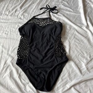 Mossimo Black Mesh Cutout One Piece Swimsuit Women's Medium Halter‎